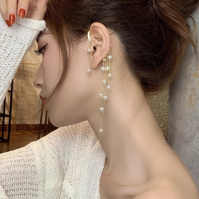 Super Fairy Bone Clip Pearl Tassel Earrings