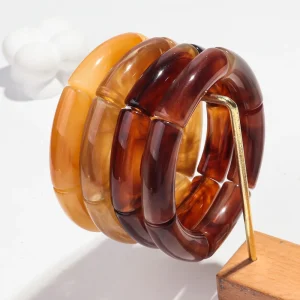 Trendy Acrylic Resin Amber Bamboo Bead Elastic Bracelet
