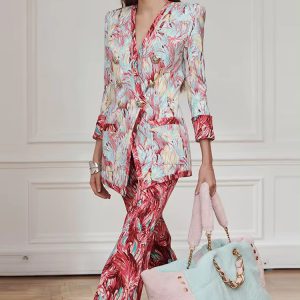 Trendy Double Breasted Sleeve Feather Printed Blazer Flare Pants Designer Suit Set