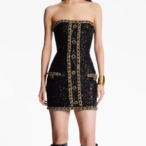 Trendy Gold Chains Sequined Designer Strapless Sheath Tube Dress