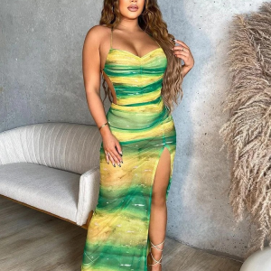 Trendy Gradient Backless Halter Split Long Bodycon Bandage Dress