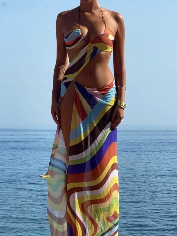 Trendy Halter Spaghetti Strap Hollow Bodycon Beach Dress - Image 3