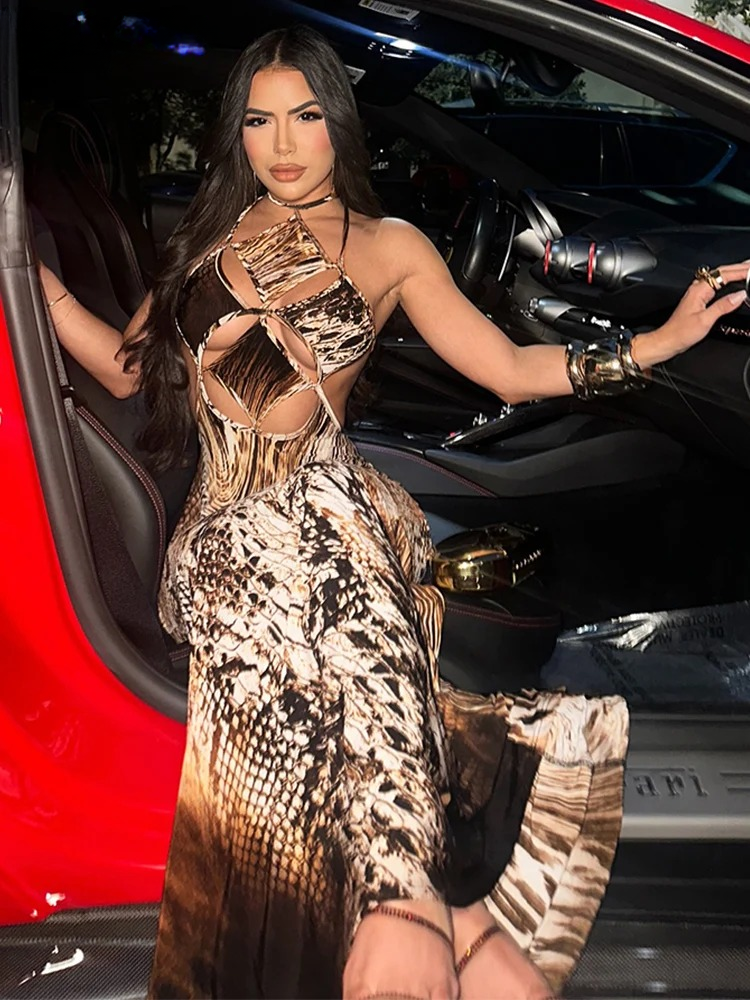 Trendy Hollow Snake Print Backless Bandage Stretch Skinny Bodycon Maxi Dress - Image 5