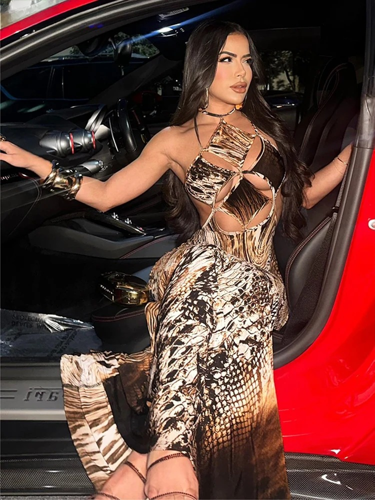 Trendy Hollow Snake Print Backless Bandage Stretch Skinny Bodycon Maxi Dress - Image 6