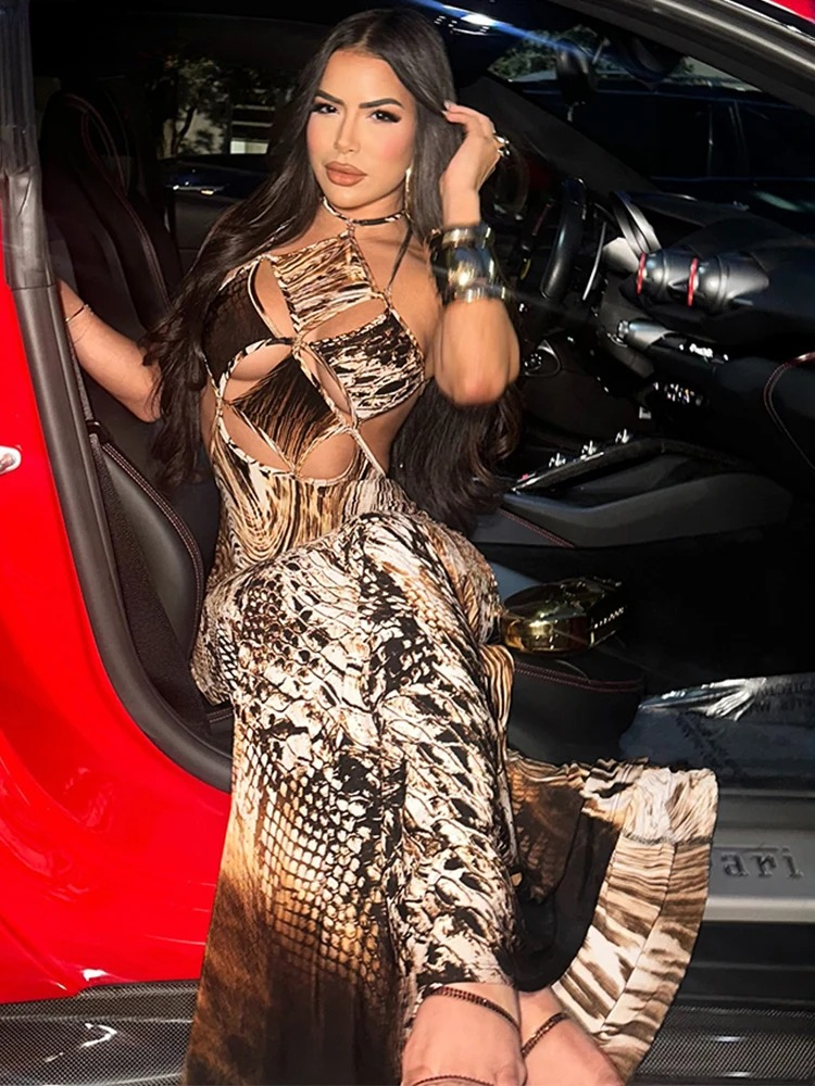 Trendy Hollow Snake Print Backless Bandage Stretch Skinny Bodycon Maxi Dress - Image 3