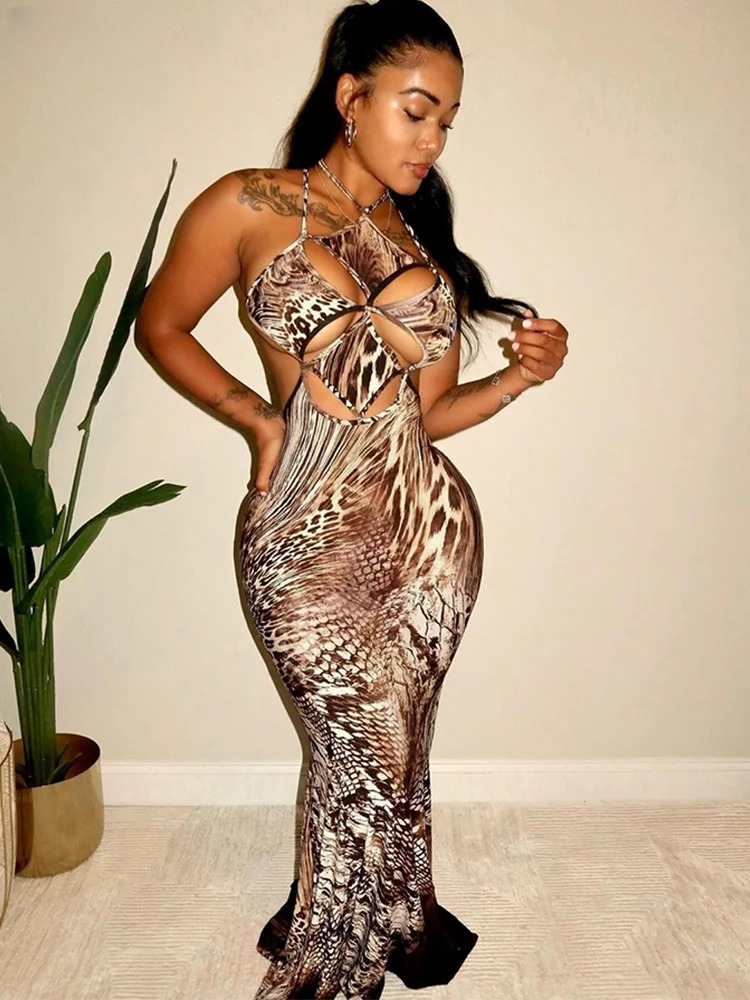 Trendy Hollow Snake Print Backless Bandage Stretch Skinny Bodycon Maxi Dress