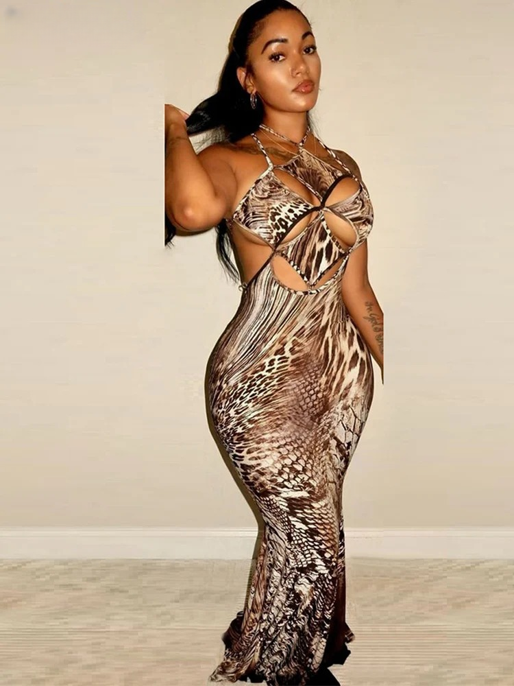 Trendy Hollow Snake Print Backless Bandage Stretch Skinny Bodycon Maxi Dress - Image 2