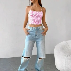 Trendy Zebra Stripe Print Back Lace Short Suspended Slight Stretch Tank Top