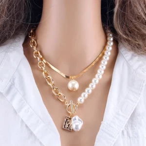 Trendy Zinc Alloy Near Round Pearl Chain Necklace Jewelry