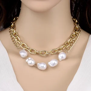 Trendy Zinc Alloy Near Round Pearl Chain Necklace Jewelry