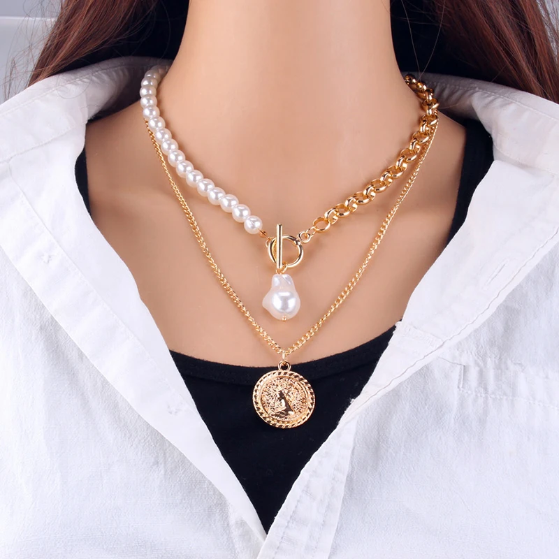 Trendy Zinc Alloy Near Round Pearl Chain Necklace Jewelry