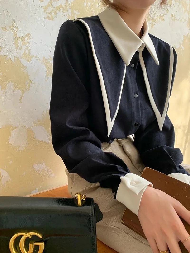 Vintage Chiffon Patchwork Long Sleeve Turn Down Collar Shirts - Image 2