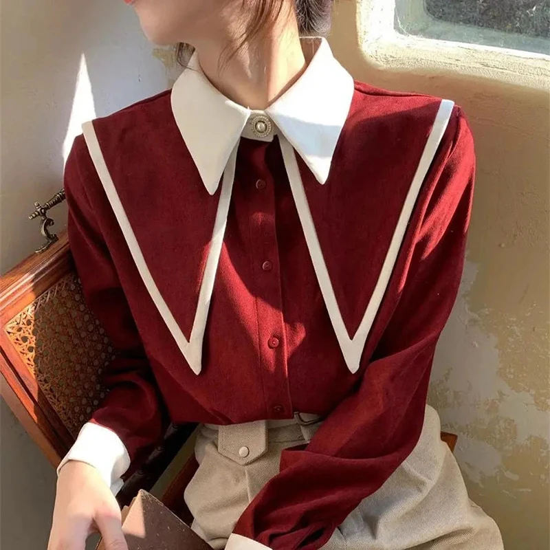 Vintage Chiffon Patchwork Long Sleeve Turn Down Collar Shirts - Image 11