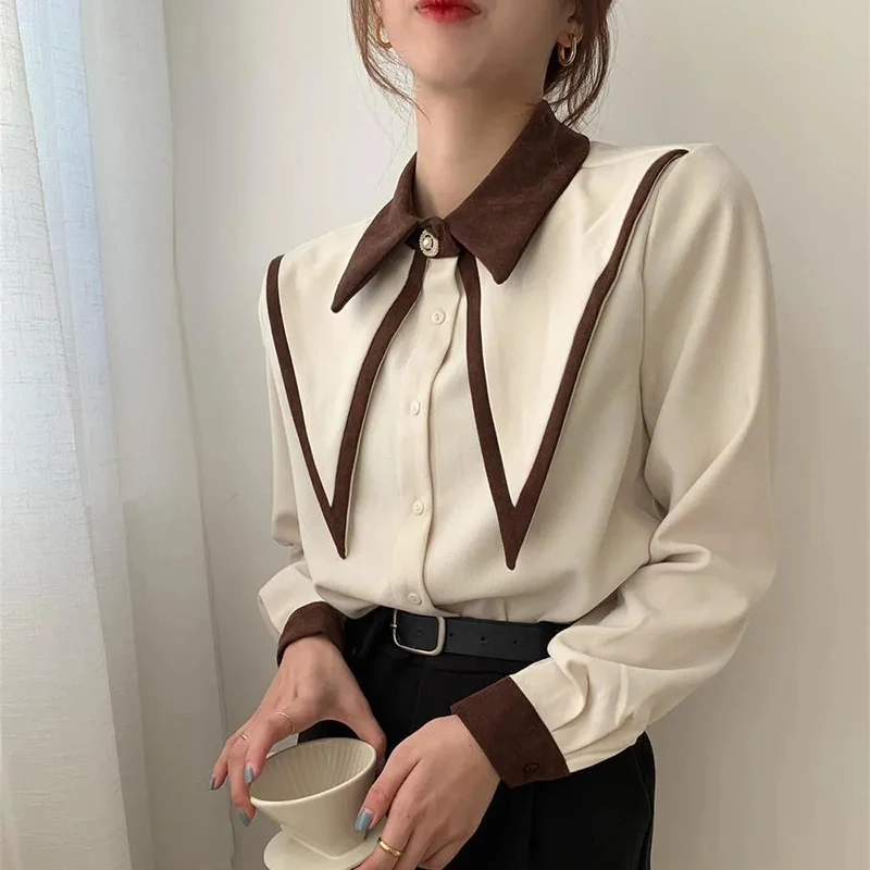 Vintage Chiffon Patchwork Long Sleeve Turn Down Collar Shirts - Image 6