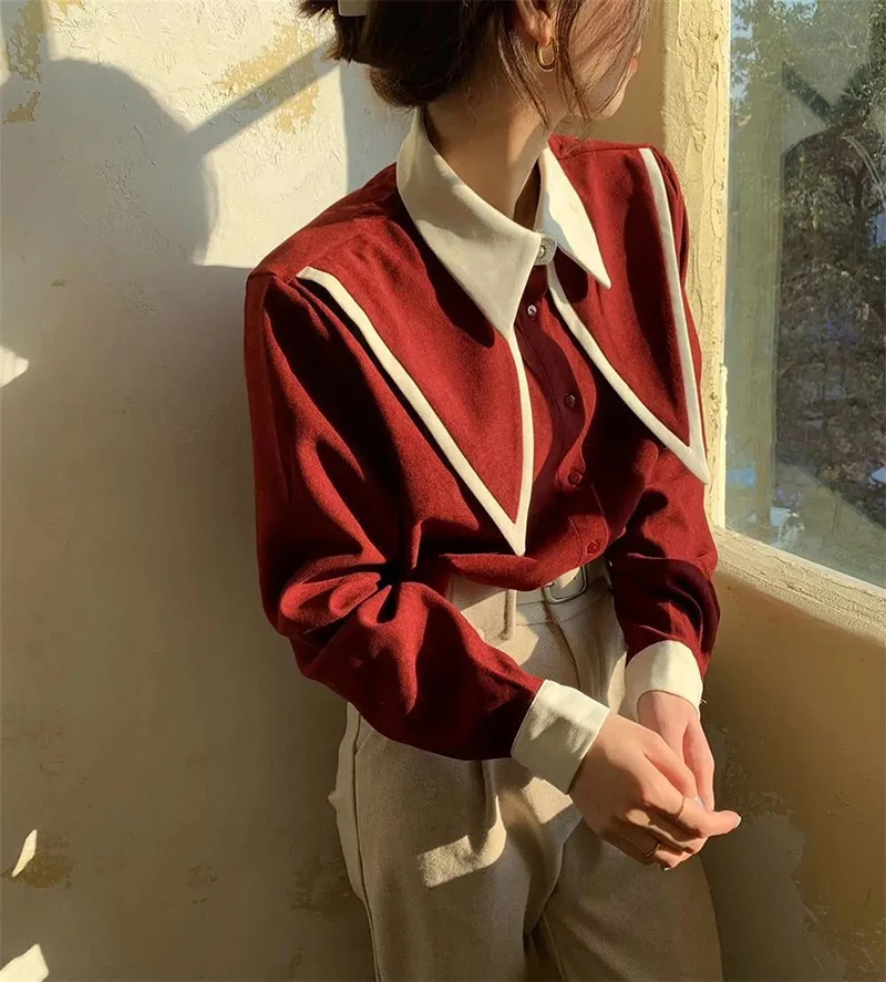 Vintage Chiffon Patchwork Long Sleeve Turn Down Collar Shirts - Image 12