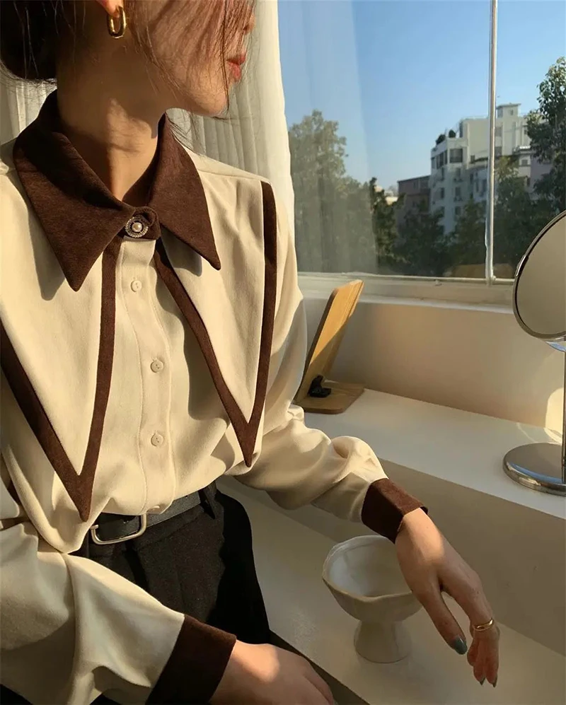 Vintage Chiffon Patchwork Long Sleeve Turn Down Collar Shirts - Image 7