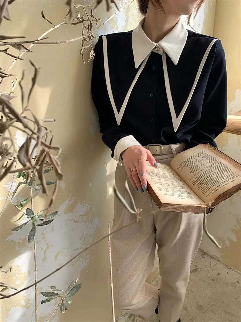 Vintage Chiffon Patchwork Long Sleeve Turn Down Collar Shirts - Image 3