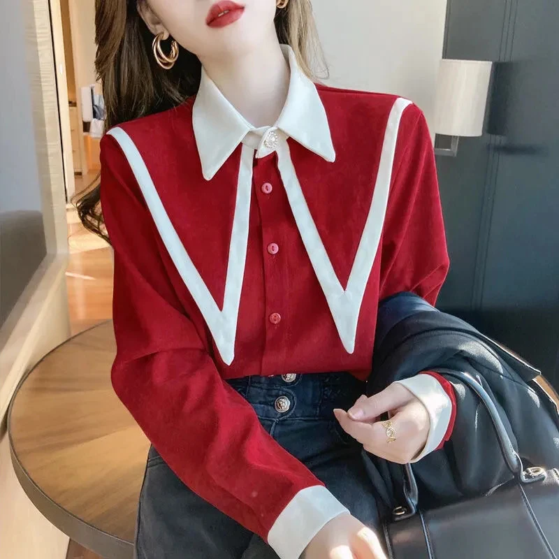Vintage Chiffon Patchwork Long Sleeve Turn Down Collar Shirts - Image 9
