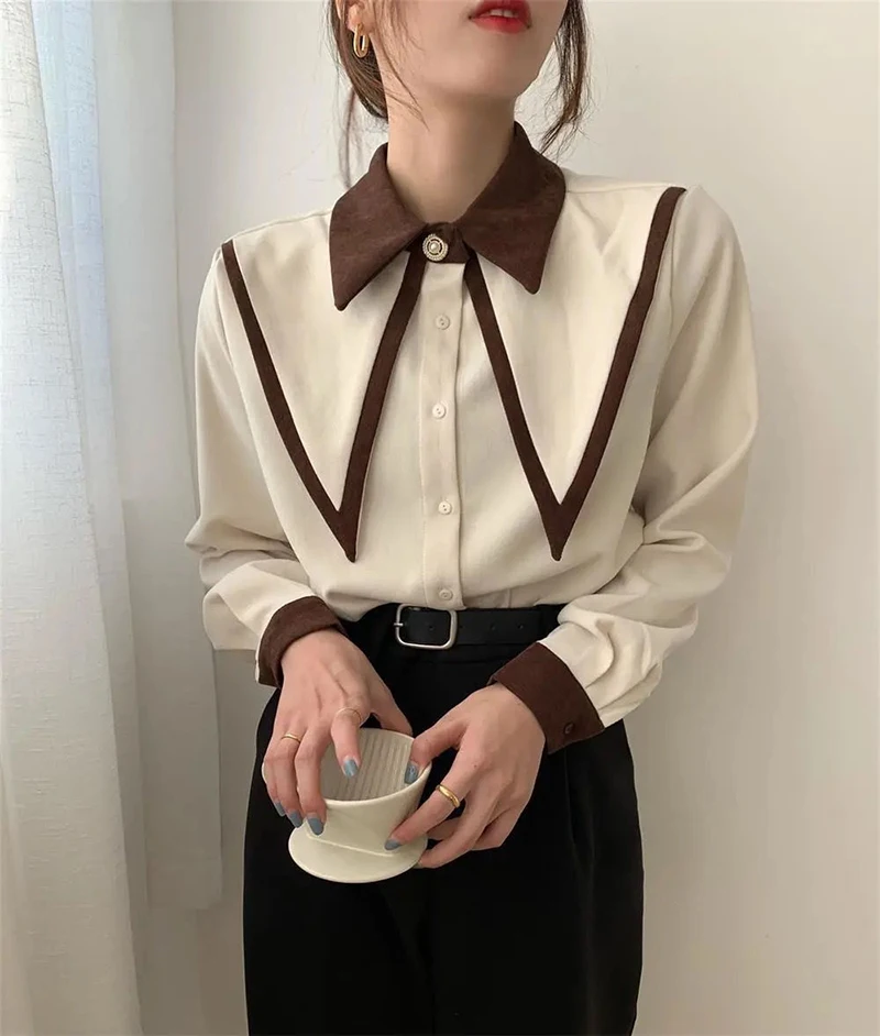 Vintage Chiffon Patchwork Long Sleeve Turn Down Collar Shirts - Image 5