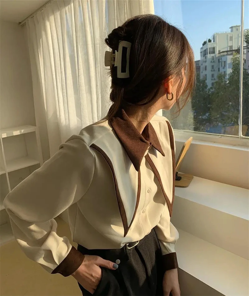 Vintage Chiffon Patchwork Long Sleeve Turn Down Collar Shirts - Image 8