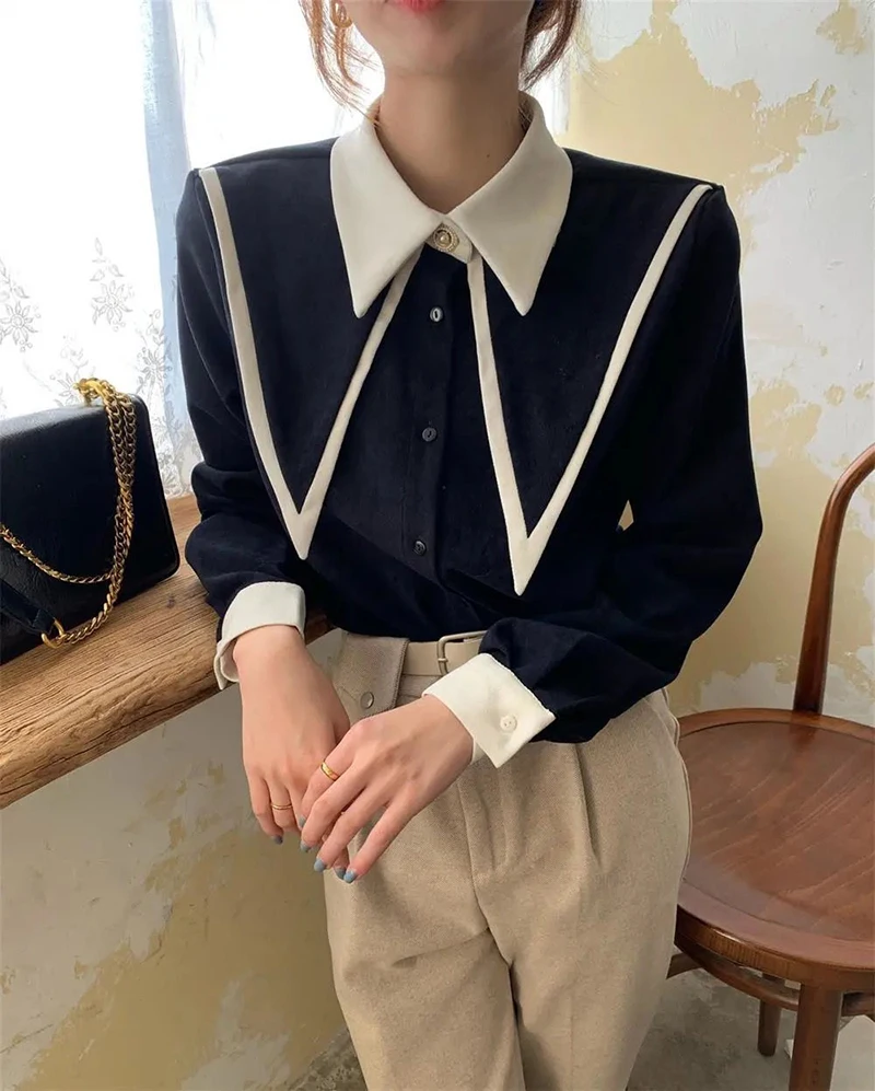 Vintage Chiffon Patchwork Long Sleeve Turn Down Collar Shirts