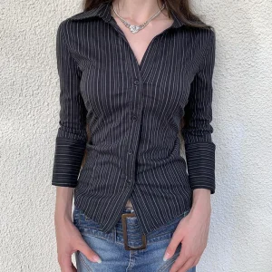 Vintage Turn Down Collar Full Sleeve Striped Single-Breasted Shirt