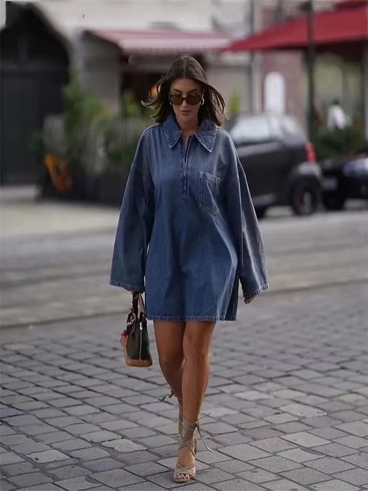 Vintage Turn Down Collar Zipper Long Sleeve Pocket Loose Dress