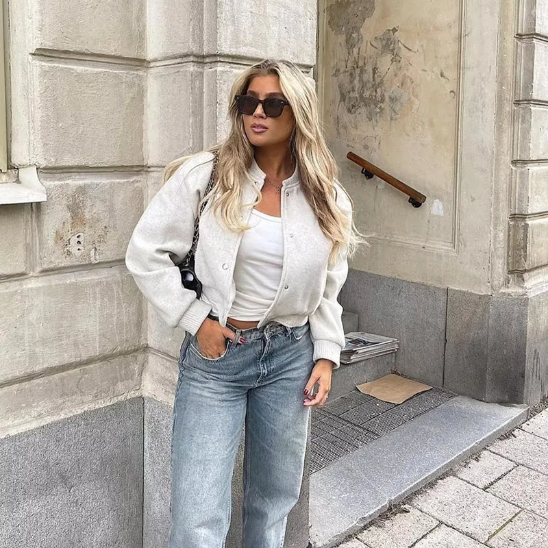 Vintage Woolen Soft Long Sleeve Coats Bomber Jacket Streetwear - Image 4