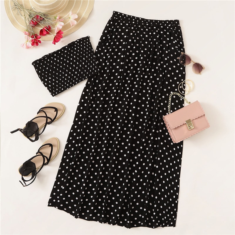 Women Boho Polka Dot Shirred Bandeau Top And Maxi Skirt Set - Image 2