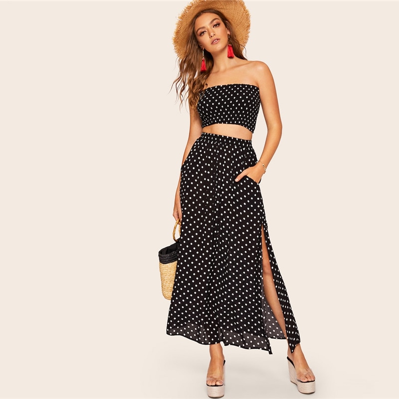 Women Boho Polka Dot Shirred Bandeau Top And Maxi Skirt Set