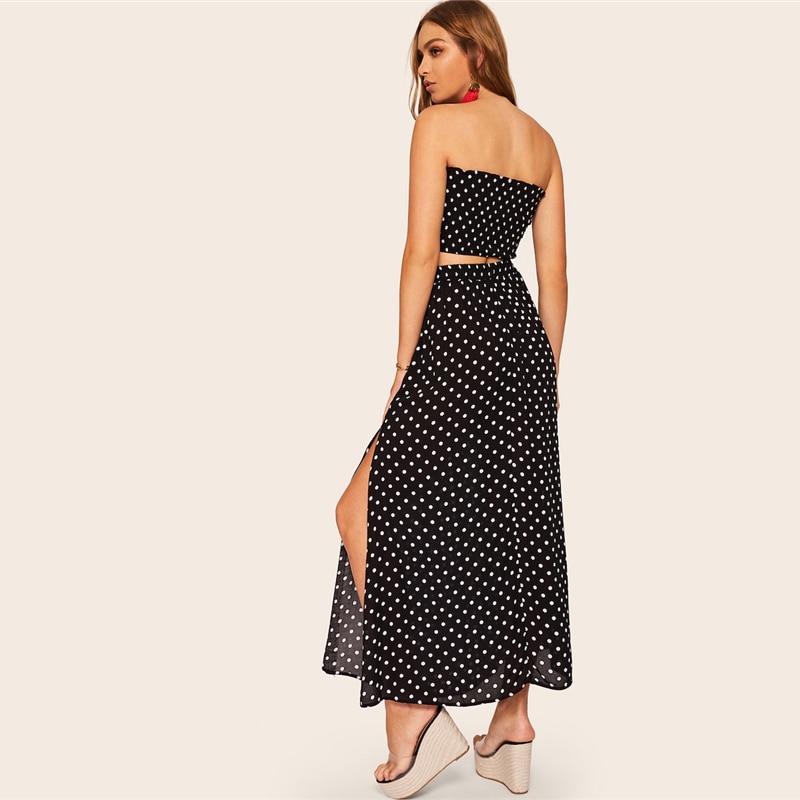 Women Boho Polka Dot Shirred Bandeau Top And Maxi Skirt Set - Image 4