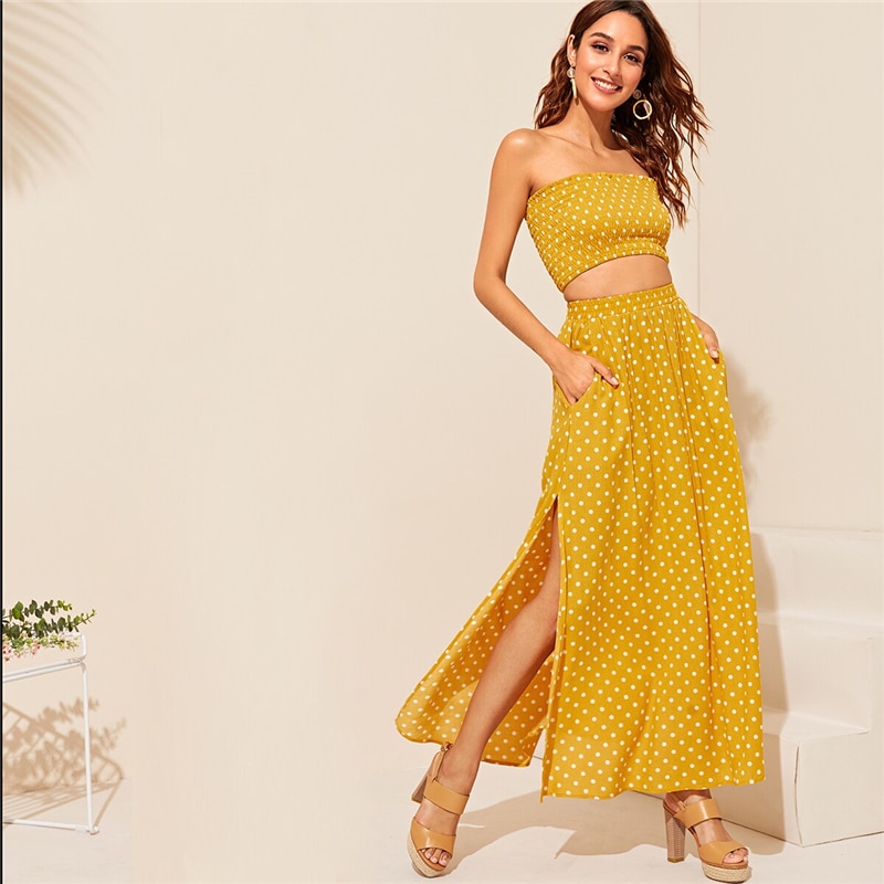 Women Boho Polka Dot Shirred Bandeau Top And Maxi Skirt Set - Image 9
