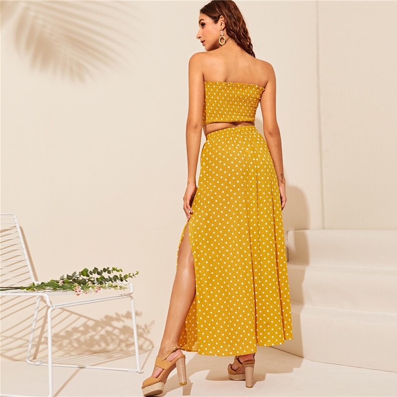 Women Boho Polka Dot Shirred Bandeau Top And Maxi Skirt Set - Image 8