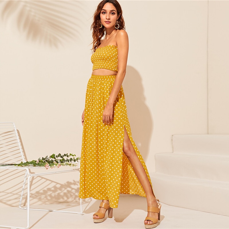 Women Boho Polka Dot Shirred Bandeau Top And Maxi Skirt Set - Image 6