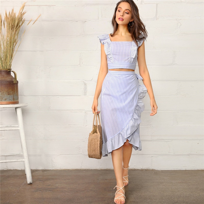 Women Boho Striped Crop Cami Top and Wrap Knotted Skirt Set