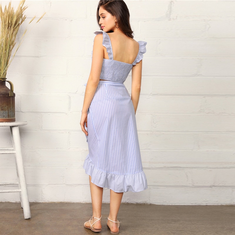 Women Boho Striped Crop Cami Top and Wrap Knotted Skirt Set - Image 3