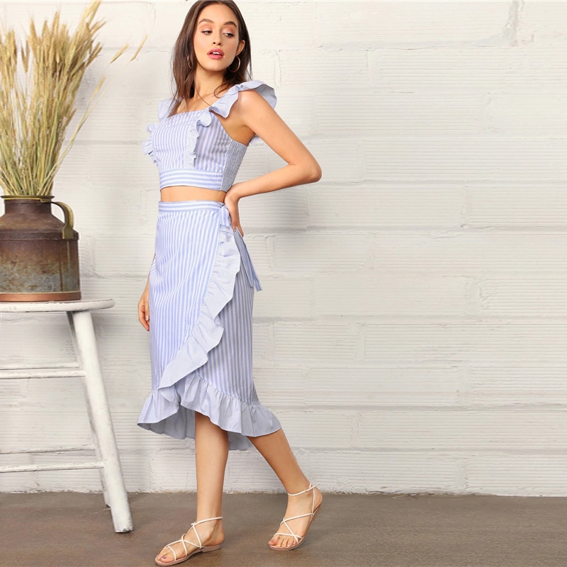 Women Boho Striped Crop Cami Top and Wrap Knotted Skirt Set - Image 2