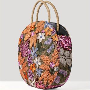Floral Sequins and Straw Fashion Retro Ethnic Round Handbag