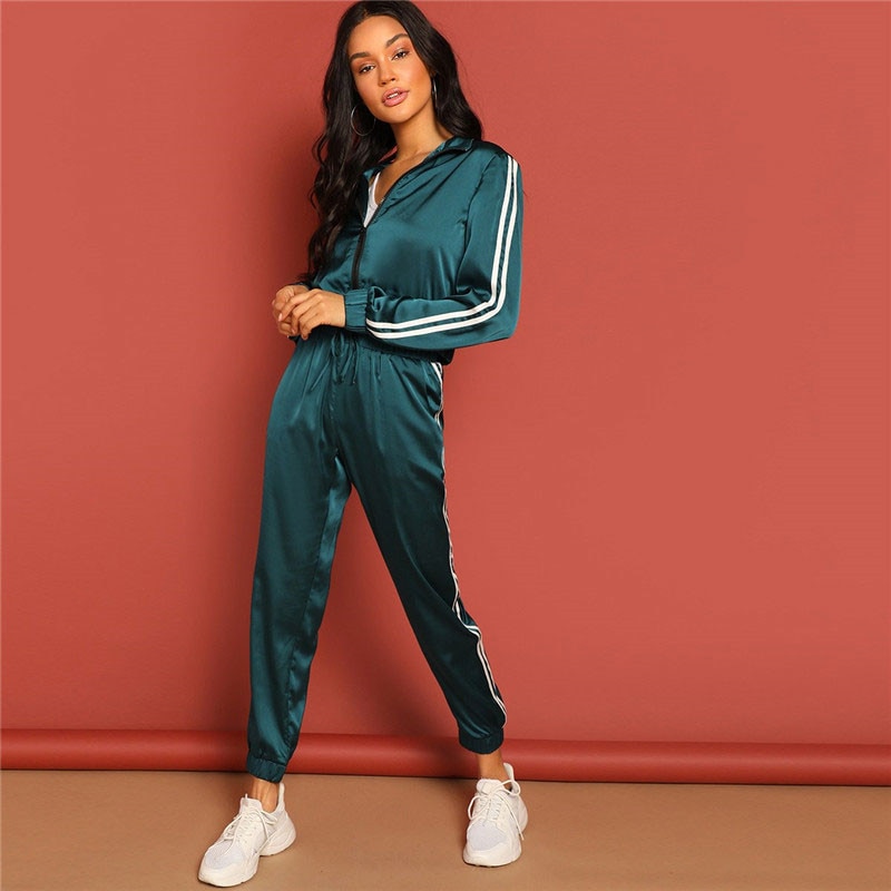 Women Zip Up Striped Tape Jacket And Drawstring Pants Satin Tracksuit