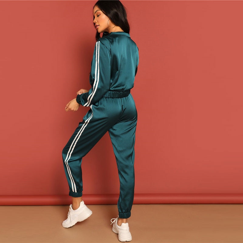 Women Zip Up Striped Tape Jacket And Drawstring Pants Satin Tracksuit - Image 2