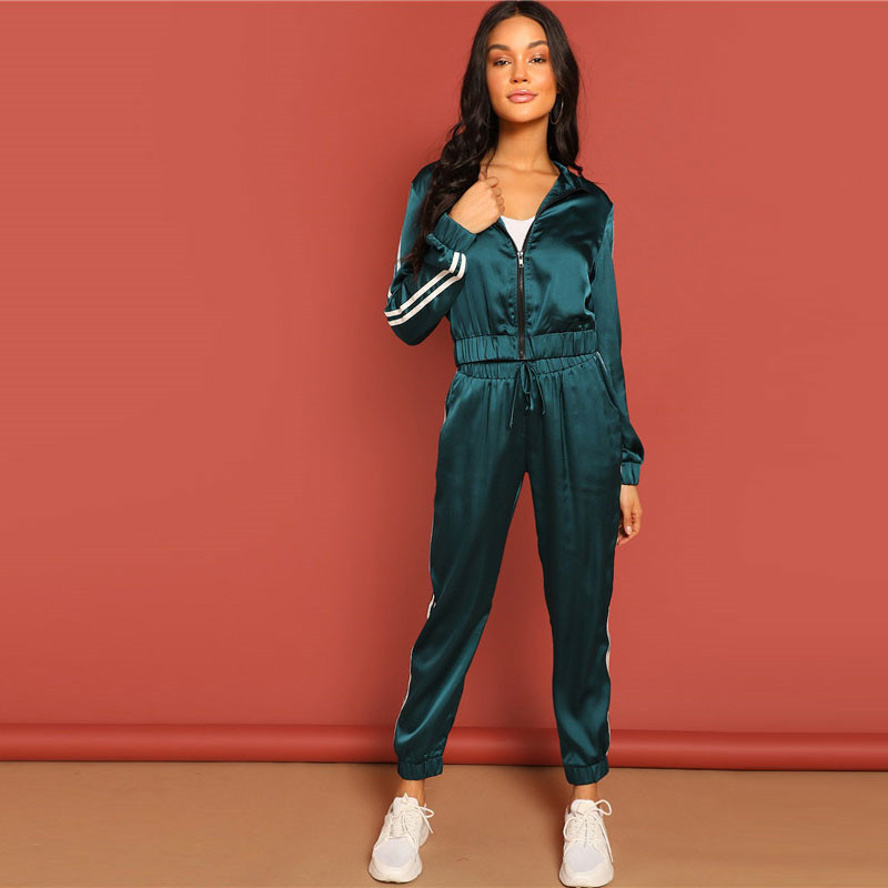 Women Zip Up Striped Tape Jacket And Drawstring Pants Satin Tracksuit - Image 3
