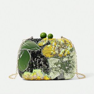Embroidered Pearl Random Pattern Detachable Shoulder Strap Clutch