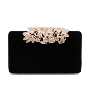 Leaf Design Diamonds Flap Shaped Velvet Luxury Clutch