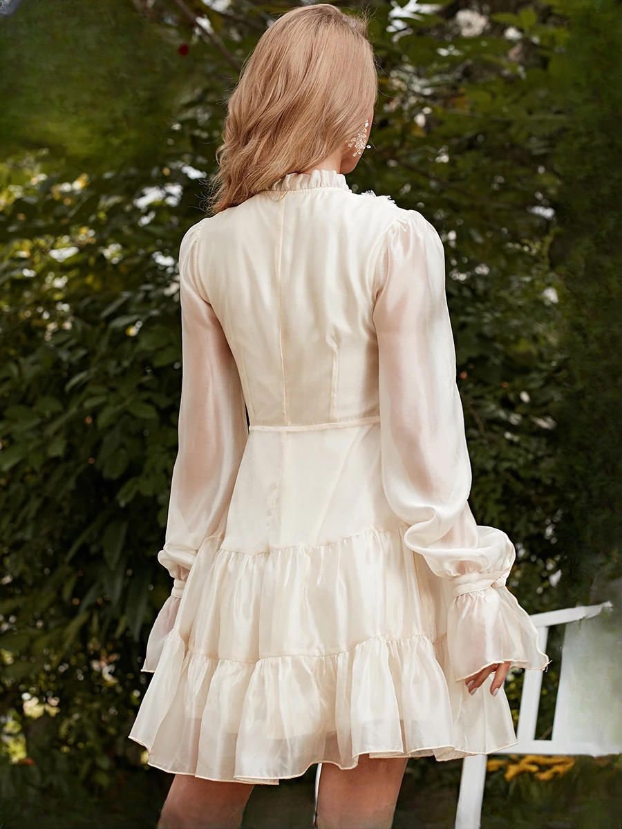 Chiffon Lantern Sleeve Mesh Ruffle Trim Hem Tutu Elegant Mini Dresses - Image 3