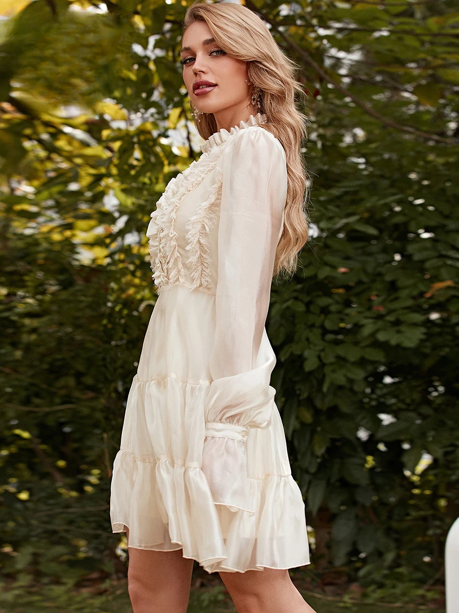 Chiffon Lantern Sleeve Mesh Ruffle Trim Hem Tutu Elegant Mini Dresses - Image 5