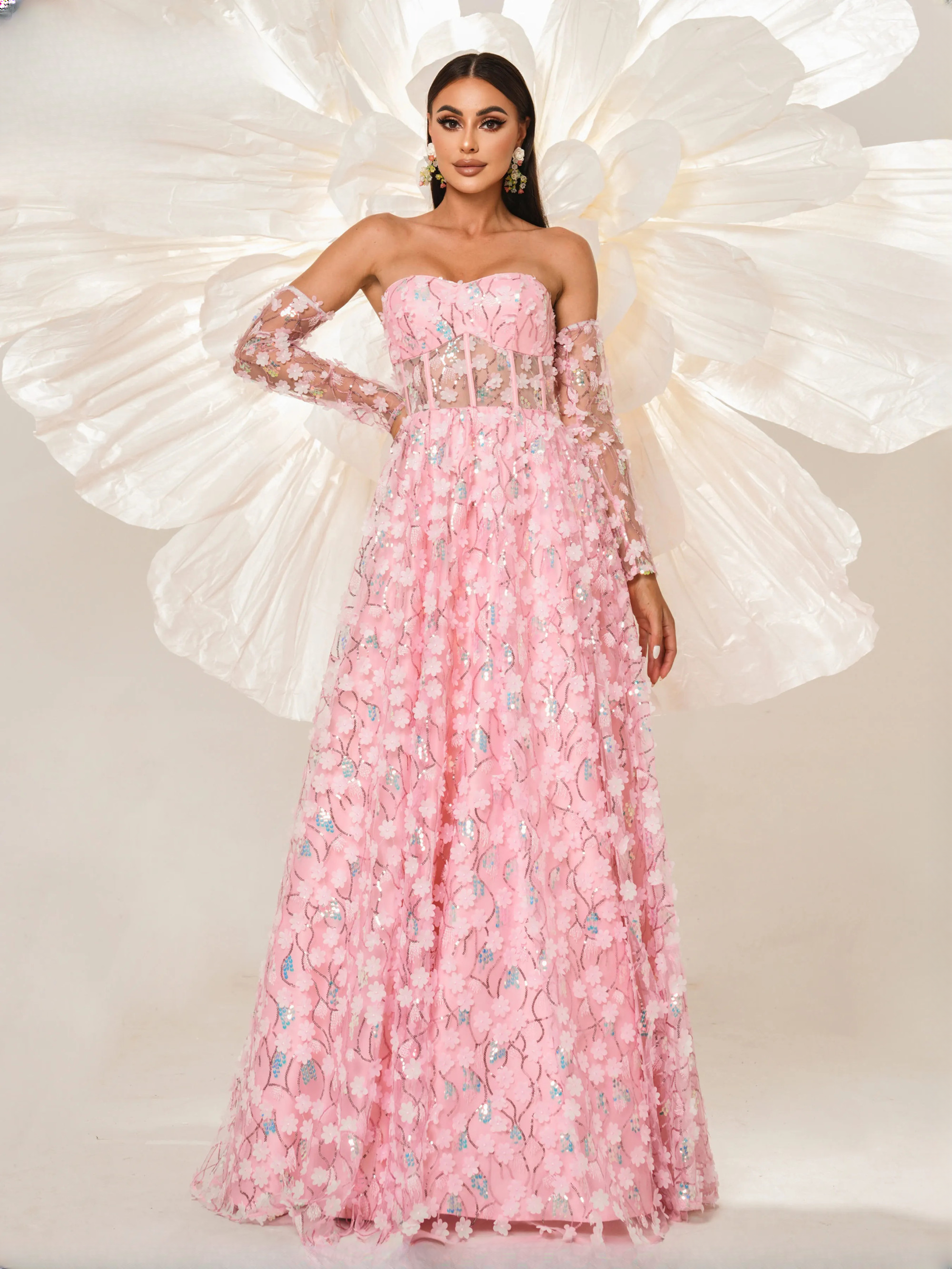 Floral Strapless Gown Chic Prom A Line Party Elegant Maxi Dresses - Image 2