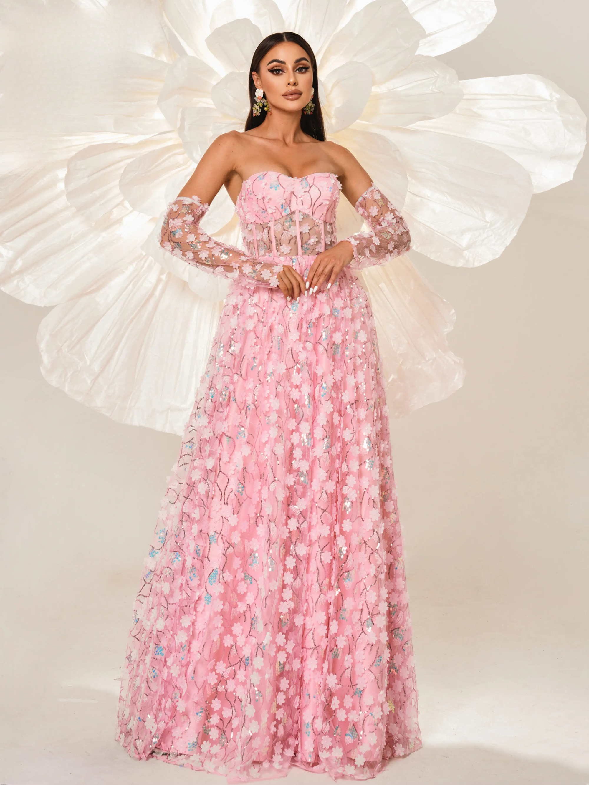 Floral Strapless Gown Chic Prom A Line Party Elegant Maxi Dresses