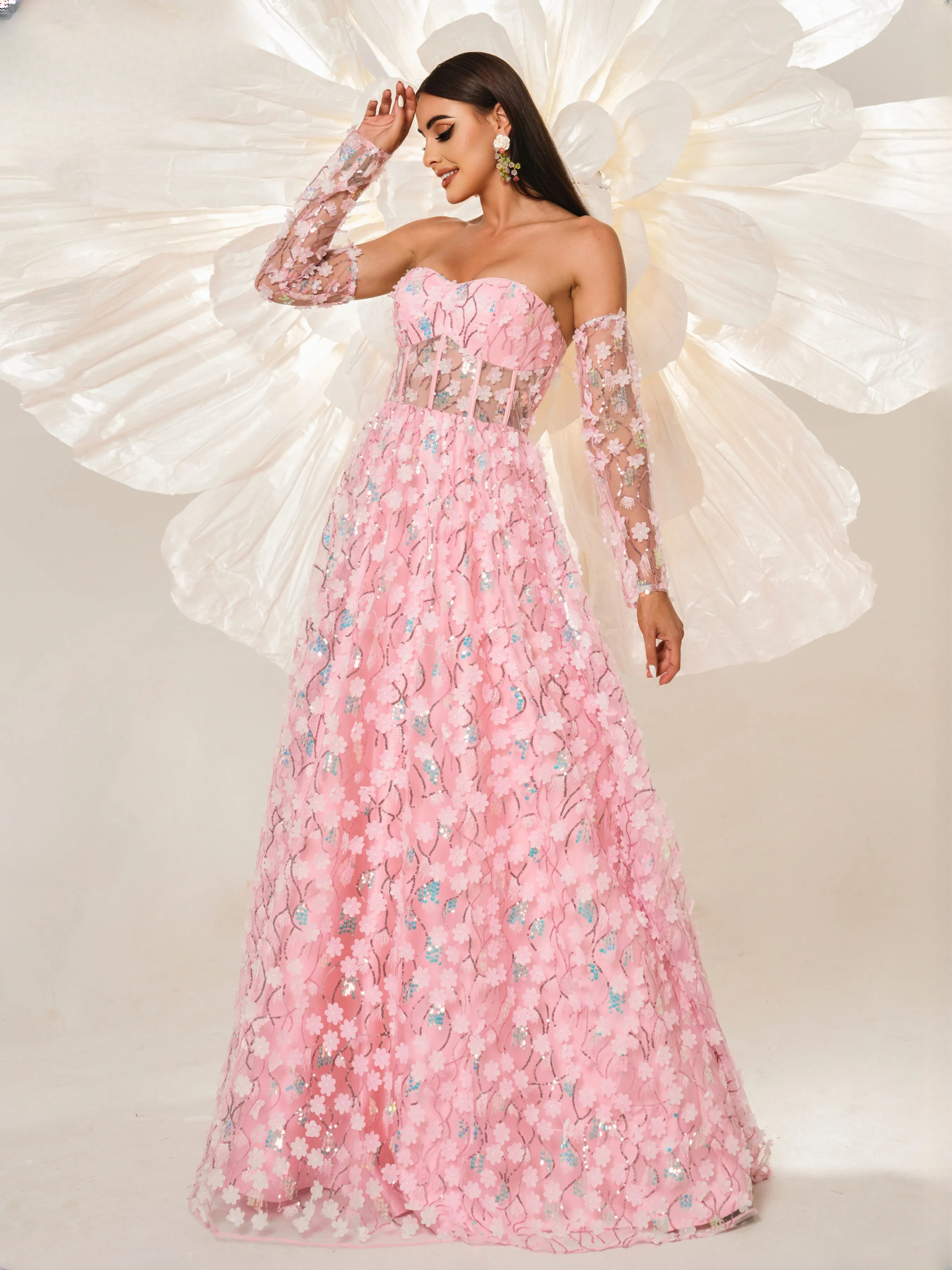 Floral Strapless Gown Chic Prom A Line Party Elegant Maxi Dresses - Image 3