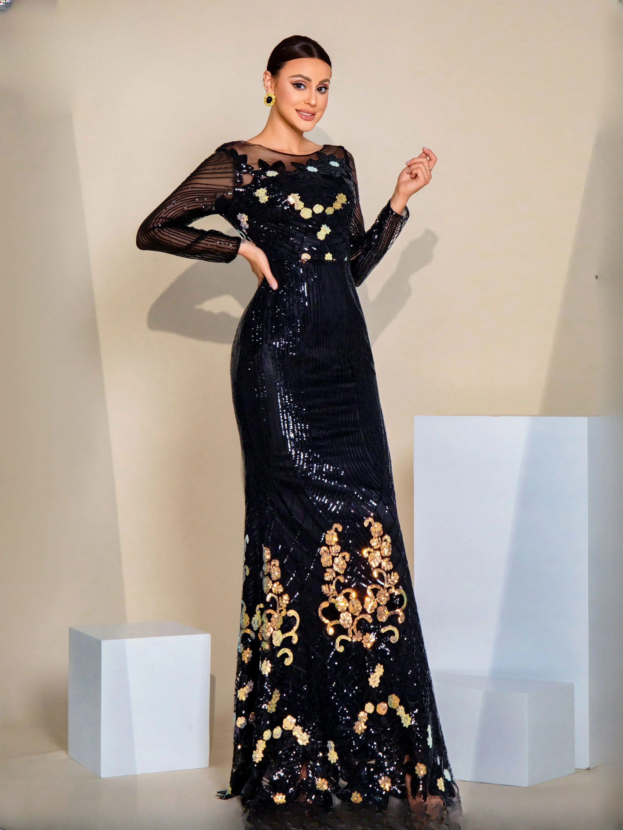 Sequin Mermaid Long Sleeved Chic Gown Round Neck Elegant Maxi Dresses - Image 2