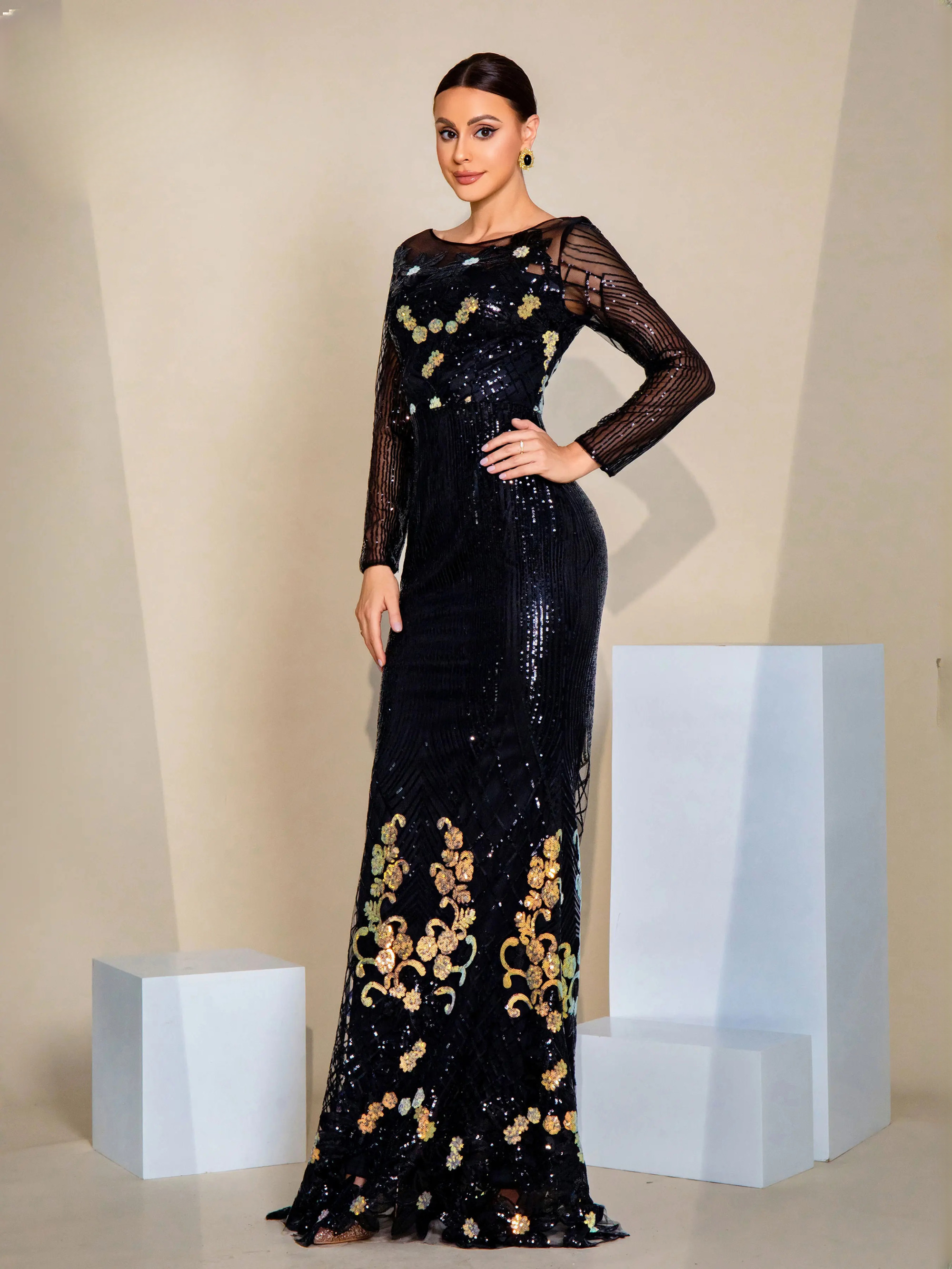 Sequin Mermaid Long Sleeved Chic Gown Round Neck Elegant Maxi Dresses - Image 4